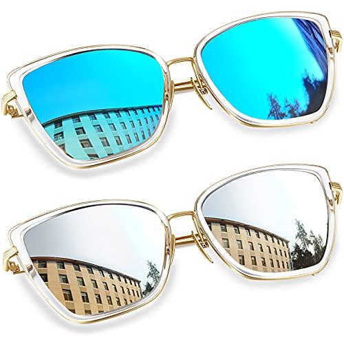 Óculos de Sol Feminino Olho de Gato Joopin Vintage Armação de Metal Óculos Lente Espelhada Proteção UV 400 (Azul+Prata)