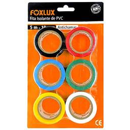 Fita Isolante Foxlux – PVC Antichamas – 10m x 19mm – Espessura: 0,15mm – Alta Elasticidade – Isola fios com tensão até 600V – 6 Cores