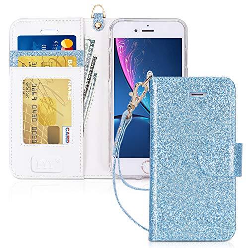 Capa FYY para iPhone 8 / iPhone 7 / iPhone SE (2nd) 2020 4,7 polegadas, [Recurso de suporte] Capa carteira de couro PU luxuosa com [Compartimentos para cartão][Alça de pulso] para iPhone 8/7/SE (2nd) 2020 (4,7") Azul Bling
