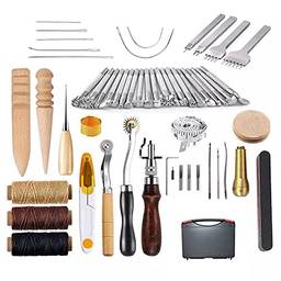 ERYUE Kit de costura,59 PCS Conjunto de ferramentas de couro artesanal Kit de ferramentas de trabalho manual de couro DIY para costura, costura, entalhe, impressão, corte, couro, acessórios, profissi