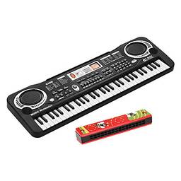 Miaoqian 61 teclas teclado eletrônico de piano digital com alto-falantes duplos Microfone USB/alimentado por bateria + harmônica de 16 furos Instrumento musical infantil Brinquedo educacional