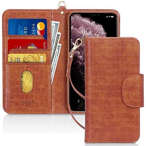 Capa de Celular FYY, Couro PU, Suporte, Compartimentos para Cartão, Bolso para Notas, Compatível com Iphone 11 - Marrom