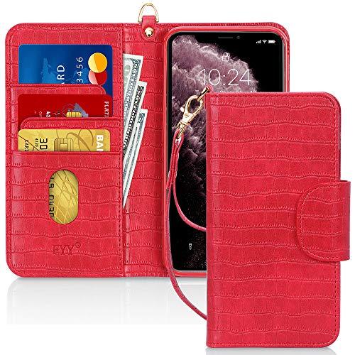 Capa de Celular FYY, Couro PU, Suporte, Compartimentos para Cartão, Bolso para Notas, Compatível com Iphone 11 - Vermelho