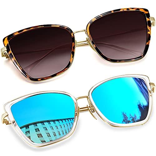 Óculos de Sol Feminino Olho de Gato Joopin Vintage Armação de Metal Óculos Proteção UV 400 (Tartaruga + Azul)