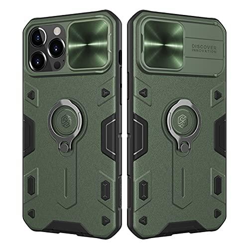 Nillkin Compatível com capa para iPhone 13 Pro Max, capa protetora CamShield com suporte e capa para câmera, capa de grau militar com capa de lente deslizante e suporte de anel giratório, resistente a impactos, à prova de choque, verde