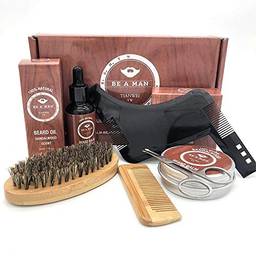 Mibee 6pcs barba grooming kit de cuidados para homens bigode barba óleo bálsamo pente de madeira escova facial nariz orelha cabelo aparar tesoura e guia de barba
