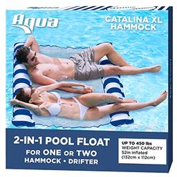 Rede inflável Aqua Catalina XL, boia para piscina multiuso 3 em 1 para 2 pessoas, lounge aquático, listras azul marinho/branco