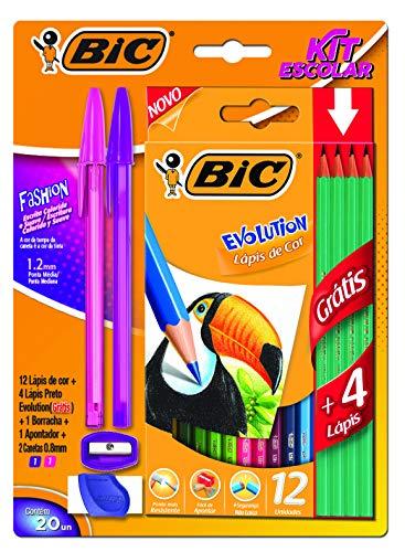 Kit Escolar BIC, Lápis de Cor 12 cores + 4 Lápis Preto Evolution + 2 Canetas Cristal Fashion + 1 Borracha + 1 Apontador, 970937