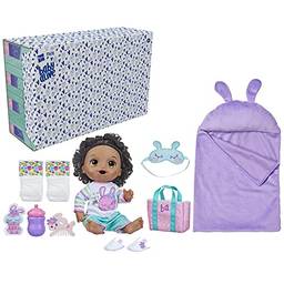 Boneca Baby Alive Pijama Coelhinha Cabelo Preto, Bebê 30 cm, Saco de Dormir e Acessórios - F5678 - Hasbro, Rosa, branco e azul - Exclusivo Amazon