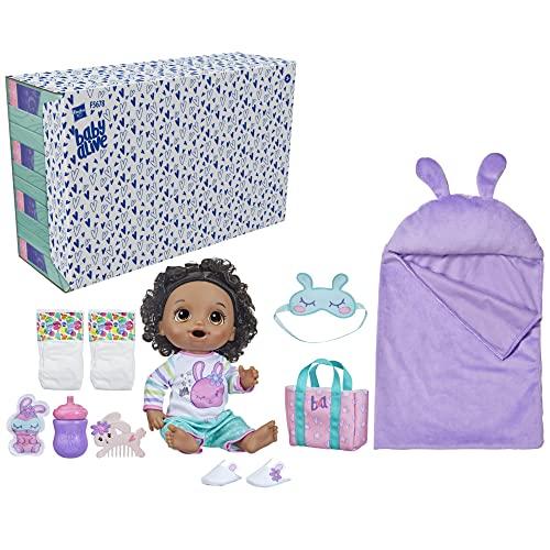 Boneca Baby Alive Pijama Coelhinha Cabelo Preto, Bebê 30 cm, Saco de Dormir e Acessórios - F5678 - Hasbro, Rosa, branco e azul - Exclusivo Amazon