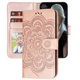 Capa carteira XYX Galaxy S20 FE, capa S20 FE, [flor de mandala em relevo] capa de couro PU para Samsung S20 FE (ouro rosa)