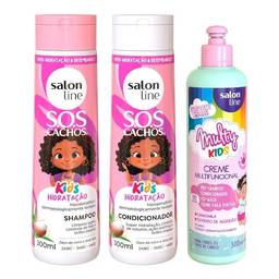 Kit Shampoo Condicionador SOS Cachos Kids Hidratação e Creme Multifuncional Multy Kids Salon Line