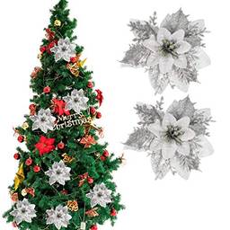 Nuobesty 24 peças de flores artificiais de Natal tipo poinsétia, acessórios para decoração de árvore de Natal, ornamentos de árvore de Natal, adereços de festa