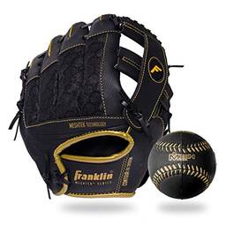 Franklin Sports Conjunto de luva e bola de Teeball – Luva de Teeball Meshtek e bola de beisebol de espuma– Preto/Dourado – 24 cm, Luva para mão esquerda