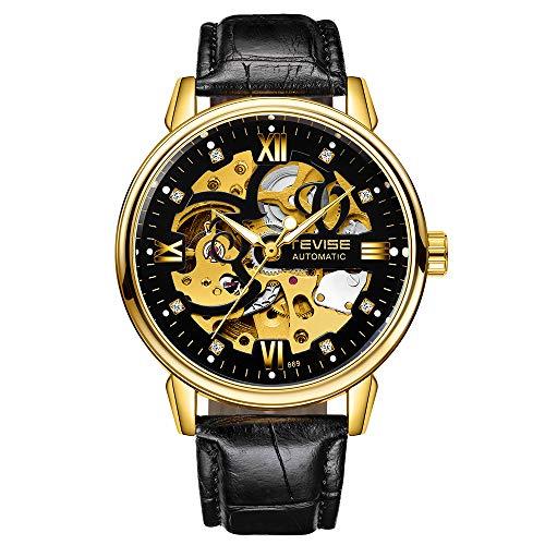 Romacci Relógios masculinos automático mecânico esqueleto pulseira de couro genuíno mãos luminosas 3ATM impermeável masculino moda relógio de pulso preto