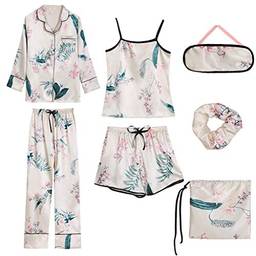 yotijar Conjunto de Pijama de Cetim Feminino Camisa de Manga Comprida Top Shorts para Cabelo em Corda Pijamas - Floral XL