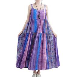 Mibee Vestido feminino vintage solto sem mangas floral/listrado estampa plus size Boho Holiday Midi Dress