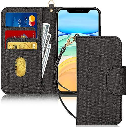 Capa de Celular FYY, Couro PU, Suporte, Compartimentos para Cartão, Bolso para Notas, Compatível com Iphone 11 - Preto