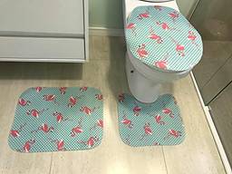 Jogo de Tapete Para Banheiro 3 Peças Tecil - Flamingo Azul
