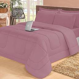 Jogo de cama Casal com edredom lençol fronha função cobre leito e cobertor (Rosé)
