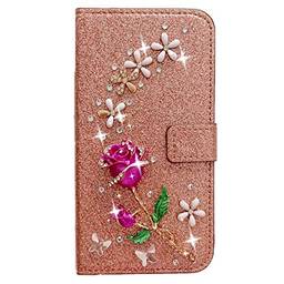 Capa carteira XYX para Samsung Galaxy A21S SM-A217, [flor rosa 3D] capa carteira de couro PU brilhante com glitter para mulheres e meninas, ouro rosa