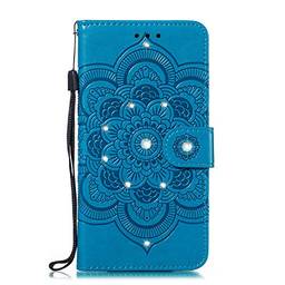 Capa carteira para Motorola Moto G9 Play couro PU flip capa capa de telefone capa capa de telefone em relevo diamante flor mandala - azul