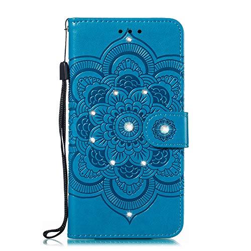 Capa carteira para Motorola Moto G9 Play couro PU flip capa capa de telefone capa capa de telefone em relevo diamante flor mandala - azul