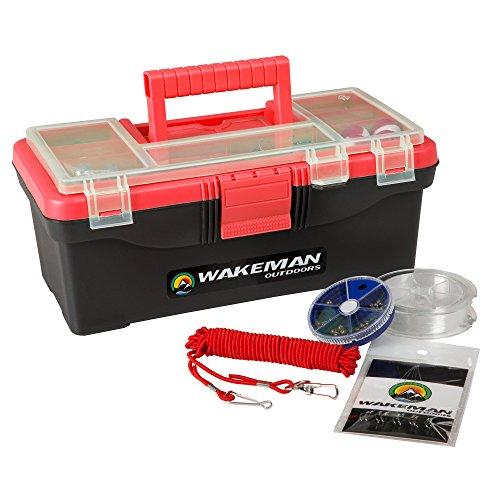 Unknown Caixa de pesca com bandeja única - Kit de equipamentos de 55 peças inclui pias, ganchos, iscas, boias e linha de pesca da Wakeman Outdoors Red