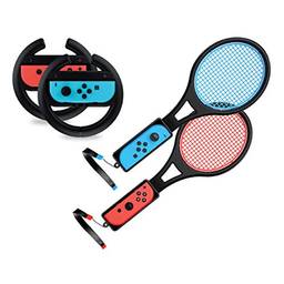 Steering Wheel / Tennis Racket Combo Pack for Nintendo Switch - by TalkWorks Joy Con Controller Grip Racing & Sports Game Accessories for Mario (Tennis Aces & Kart)