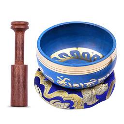 yeacher Conjunto de tigela de canto tibetana azul com tigela de som de metal artesanal de 9,5 cm/3,7 polegadas e almofada macia e batedor de madeira para meditação som chacra cura ioga relaxamento