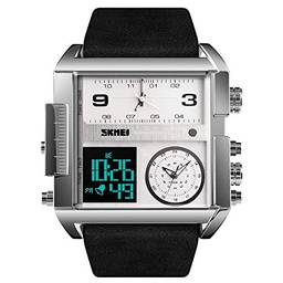 SKMEI Relógio masculino digital esportivo, LED, quadrado, mostrador grande, analógico, quartzo, com cronômetro à prova d'água, Prateado, preto, 2.17*2*0.59 inch