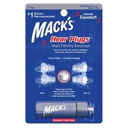 Mack's Protetores de ouvido de alta fidelidade para shows, músicos, motocicletas, sensibilidade ao ruído – 1 par (2 tamanhos de ponta confortável) – plugues escuros transparentes com capa