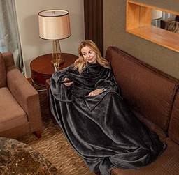 Cobertor de TV com capa para os pés, cobertor unissex vestível com mangas, cobertor confortável de flanela para sofá para presentes masculinos femininos (170 x 200 cm), cinza