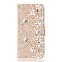 Capa carteira XYX para iPhone 11, capa carteira para iPhone 11, capa carteira de couro PU com design de flor da sorte com glitter para meninas e mulheres para iPhone 11 de 6,1 polegadas (dourado)
