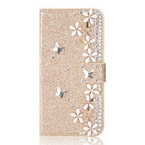 Capa carteira XYX para iPhone 11, capa carteira para iPhone 11, capa carteira de couro PU com design de flor da sorte com glitter para meninas e mulheres para iPhone 11 de 6,1 polegadas (dourado)