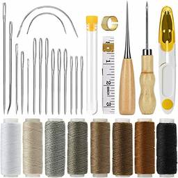 Costura de couro, KKcare 29 unidades kit de costura de couro agulhas de costura fio de fio fita métrica para costura dedal DIY couro artesanal