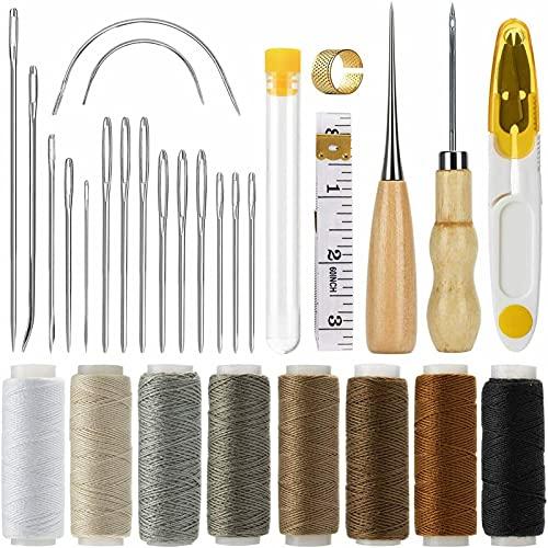2 pacotes, Tomshin 29 unidades kit de costura de couro agulhas de costura fio de fio fita métrica para costura dedal DIY couro artesanal