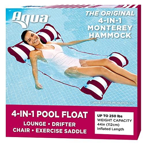 Aqua 4-in-1 Monterey Hammock Inflatable Pool Float, Multi-Purpose Pool Hammock (Saddle, Lounge Chair, Hammock, Drifter) Pool Chair, Portable Water Hammock, Burgundy/White Stripe