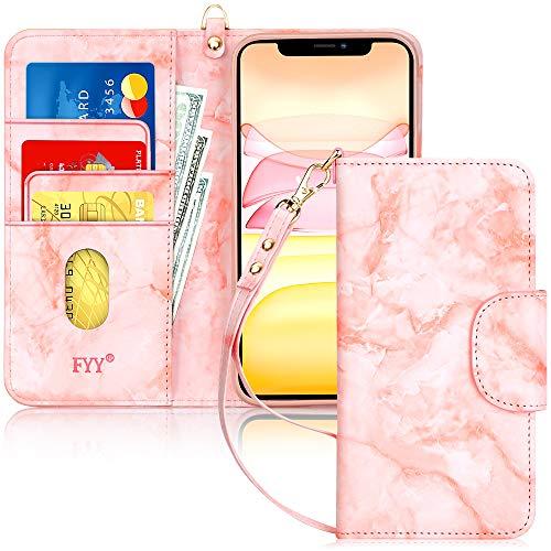 Capa FYY para iPhone 11 6.1" polegadas, [Recurso de suporte] Capa carteira de couro PU luxuosa com [compartimentos para cartão] e [bolsos para notas] para Apple iPhone 11 6.1" polegadas Marmoreio Cor-de-rosa