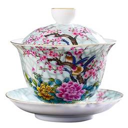 Cabilock 1 Conjunto Xícaras de Chá Definir Cerâmica Flor de Porcelana Chinesa Gaiwan Com Tampa Pássaro Retro Tradição Sancai Tigela Tampa Lábio Copo Pires Jogo de Chá Conjuntos de Chá a