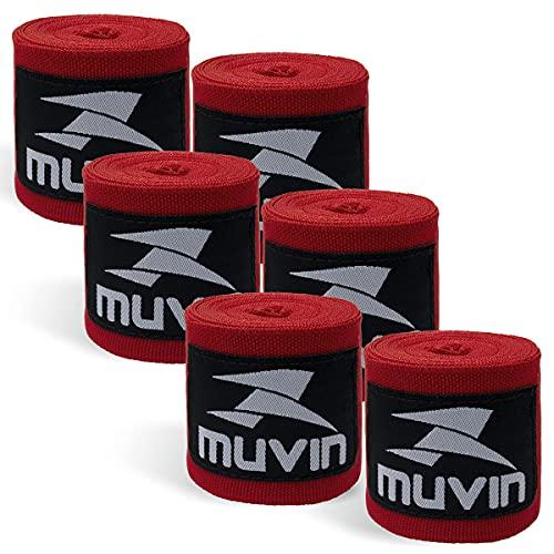 Kit Bandagem Elástica 3 m Muvin com 3 Pares - Com Velcro e Alça para Polegar - Atadura de Proteção Para Mãos e Punhos - Faixa de Boxe - Muay Thai - Artes Marciais - MMA - Luta - Treino (Vermelho)
