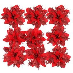 Toyandona 24 peças de flores de poinsétia de Natal com glitter de flores artificiais para decoração de grinalda de Natal (vermelho)