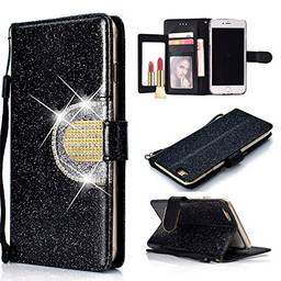 Capa carteira XYX para iPhone 6/iPhone 6S, [função espelhado][Kickstand][Fivela de diamante][Compartimentos para cartões] Capa carteira protetora de corpo inteiro em couro sintético brilhante com glitter, preta