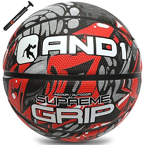 AND1 Basquete e bomba de basquete de borracha Supreme Grip - Bola de streetball tamanho oficial 7 (75 cm), feita para jogos de basquete em ambientes internos e externos (vermelho/cinza)