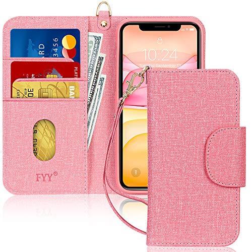 Capa de Celular FYY, Couro PU, Suporte, Compartimentos para Cartão, Bolso para Notas, Compatível com Iphone 11 - Rosa