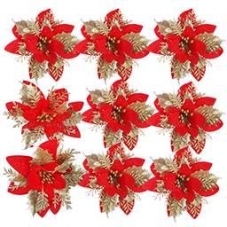 Toyandona 24 peças de flores de poinsétia de Natal com glitter de flores artificiais para decoração de grinalda de Natal (ouro vermelho)