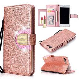 Capa carteira XYX para iPhone 7 Plus/iPhone 8 Plus, [função espelhado][Kickstand][Fivela de diamante][Compartimentos para cartões] Capa carteira protetora de corpo inteiro de couro sintético brilhante com glitter, ouro rosa