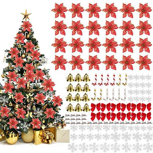 120 peças de flores de poinsétia com glitter, conjunto de enfeites de árvore de Natal com minicarcos artificiais de flores de árvore de Natal e sinos para pendurar para árvore de Natal, feriado e festa de casamento