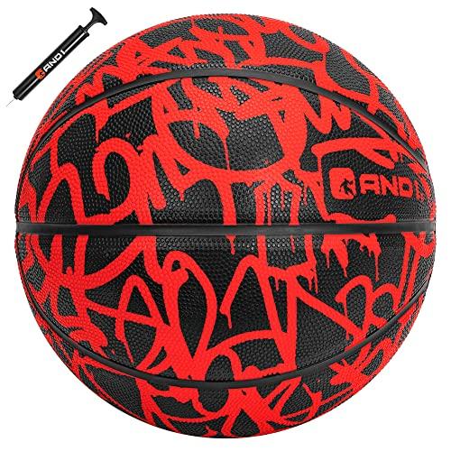 AND1 Bola de basquete e bomba de basquete Fantom Rubber (Série Graffiti) - Tamanho oficial 7 (75 cm), feita para jogos de basquete em ambientes internos e externos (vermelho)