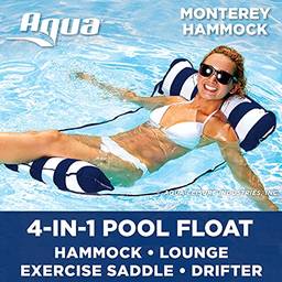Aqua 4 em 1 rede Monterey inflável para piscina, rede multiuso de piscina (sela, espreguiçadeira, rede, sacoeira) cadeira de piscina, rede de água portátil, listras azul marinho/branco